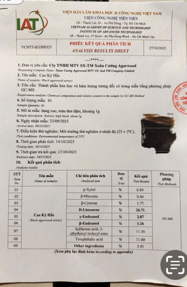 Phiếu kết quả Chứng nhận & kiểm nghiệm chất lượng cao trầm gió đá GC-MS
